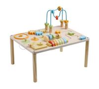 Sunny Maud Table de jeu en bois avec circuit à billes, Marron | Table d' Activité, Jouet Motricité avec Parcours avec Horloge, Roues Dentées et Puzzle de Formes, 42 x 30,5 x 33 cm
