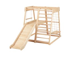 Sunny Mickie Tour d'escalade avec toboggan, balançoire et échelle de corde en bois naturel | Structure d'escalade d'intérieur pour enfants avec toboggan réversible | Jouet Montessori