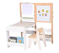Sunny Olivia Table à dessin et de bricolage en bois, blanc/beige | Table de jeu multifonctionnelle avec chaise, tableau blanc magnétique, tableau noir et rouleau de papier | 80 x 40 x 115 cm