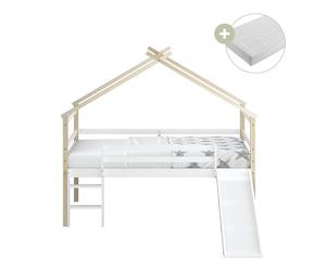 Sunny River Lit Cabane Avec Toboggan, En Bois, Beige/Blanc | Lit Mi-Haut - Matelas Hybride 90X200 Inclus - Lit Montessori | Dimensions Totales: 213 X 186 X 183 Cm (Toboggan Compris)
