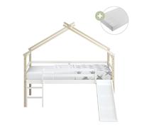 Sunny River Lit Cabane avec Toboggan, Beige/Blanc | Mi-haut - Matelas hybride 90x200 inclus (14 cm, mousse hybride, housse en polyester) | Dimensions totales: 213 x 186 x 183 cm (toboggan compris)