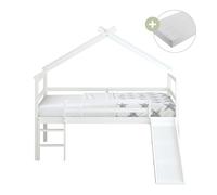 Sunny River Lit Cabane Avec Toboggan, En Bois, Blanc | Lit Mi-Haut - Matelas Hybride 90X200 Inclus - Lit Montessori | Dimensions Totales: 213 X 186 X 183 Cm (Toboggan Compris)