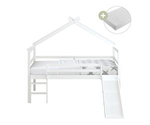 Sunny River Lit Cabane Avec Toboggan, En Bois, Blanc | Lit Mi-Haut - Matelas Hybride 90X200 Inclus - Lit Montessori | Dimensions Totales: 213 X 186 X 183 Cm (Toboggan Compris)