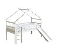 Sunny River Lit Cabane avec Toboggan, en Bois, Blanc | Lit pour Enfant Mi-Haut - Matelas Hybride 90x200 Inclus - Lit Montessori | Dimensions totales: 213 x 186 x 183 cm (Toboggan Compris)