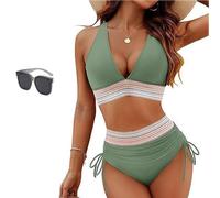 Sunny Salty Bikini Set, Control V-Neck Bathing Suit, High Waisted Two Piece, Halter Swimwear, Summer Beach Swimwear (Army Green,Grand)