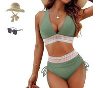 Sunny Salty Bikini Set, High Waisted Tummy Control Color Block Bikini Sets, Control V-Neck Bathing Suit, Women High Waisted Swimwear (Military Green,TG)