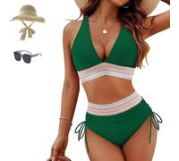 Sunny Salty Bikini Set, High Waisted Tummy Control Color Block Bikini Sets, Control V-Neck Bathing Suit, Women High Waisted Swimwear (Ocean Green,3TG)