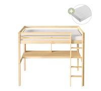 Sunny Sil Lit Mezzanine avec Bureau, en Bois, Beige | pour Enfants avec Echelle - Matelas Hybride 90 x 200 Inclus | Dimensions totales: 208 x 100 x 172 cm