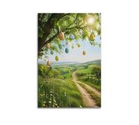 Sunny Spring Paysage de campagne avec œufs de Pâques pastel à suspendre sur des branches d'arbre, impression sur toile, peinture de chemin de prairie rurale, art festif pour ferme, salon, saisonnier