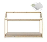 Sunny Zoey Lit Cabane En Bois, Beige | Au Sol - Matelas Hybride 90 X 200 Inclus - Montessori | Dimensions Totales: 206 X 98 X 154 Cm