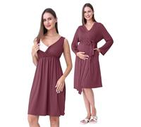 SUNNYBUY Chemise de nuit de grossesse et d'allaitement avec robe de chambre 2 pièces | Robe de nuit de grossesse 3 en 1 pour naissance, puerpéralité et allaitement, vêtement de nuit d'hôpital, rouge