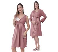 SUNNYBUY Chemise de nuit de grossesse et d'allaitement avec robe de chambre 2 pièces | Robe de nuit de grossesse 3 en 1 pour naissance, puerpéralité et allaitement, vêtements de nuit d'hôpital, vieux