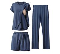 SUNNYBUY Ensemble de pyjama d'allaitement 3 pièces pour la période post-partum, décontracté, doux, pyjama de maternité, vêtements de nuit, vêtements de détente, couche de vêtements, Bleu marine, L