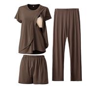 SUNNYBUY Ensemble de pyjama d'allaitement 3 pièces pour la période post-partum, décontracté, doux, pyjama de maternité, vêtements de nuit, vêtements de détente, couche de vêtements, Café marron., M