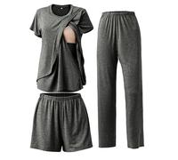 SUNNYBUY Ensemble de pyjama d'allaitement 3 pièces pour la période post-partum, décontracté, doux, pyjama de maternité, vêtements de nuit, vêtements de détente, couche de vêtements, gris foncé, XL