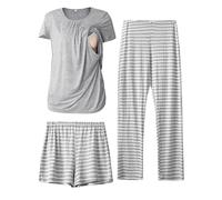 SUNNYBUY Ensemble de Pyjama d'allaitement à Manches Courtes pour Femme, Short et Pantalon de Grossesse, vêtements de maternité 3 pièces, Gris et Rayures, L