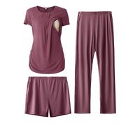 SUNNYBUY Ensemble Pyjama d'allaitement à Manches Courtes, Short de Grossesse et Pantalon, 3 pièces, Rouge foncé, XXL