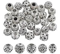 SUNNYCLUE 1 B0X 40 pièces de Perles D'Espacement Tibétaines en Métal en Vrac en Alliage D'Argent Antique à Grand Trou en Forme de Cœur Fleur Ronde Creuse pour la Fabrication de Bijoux Artisanaux Colli