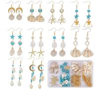 SUNNYCLUE 1 boîte 10 paires de Boucles D'Oreilles Océan Kit de Fabrication de Breloques en Coquillage Naturel, Tortue de Mer D'Été, Étoile de Mer, Perles Turquoise Porte-Bonheur pour Kits de Fabricati