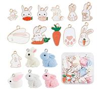 SUNNYCLUE 1 Boîte 17 Styles 34 Pcs Pâques Charme Lapin Charmes en Vrac Alliage Émail Résine Lapin Carotte Charme Dessin Animé Métal Balancent Charmes pour la Fabrication de Bijoux Charmes DIY Bracelet