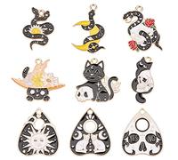 SUNNYCLUE 1 boîte 18 pièces Breloques Gothiques Style Tarot Breloque Planche Ouiji Breloques Planchette Oui Non Breloque Serpent Lune Émail Chat Animal Crâne Breloques Squelette Halloween pour Fabrica