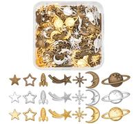 SUNNYCLUE 1 boîte 192 pièces 24 styles Accessoires de Remplissage en Résine de Remplissage D'Étoile Petit Alliage Or Thème Cosmique Lune Planète Fusée Vaisseau Spatial Cabochons Artisanaux en Époxy po