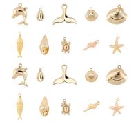 SUNNYCLUE 1 Boîte 20 Pcs 10 Styles Réel Plaqué Or 18K Thème Océan Charmes Pendentifs Animaux de la Mer Coquille Étoile de Mer Dauphin Poisson Tortue Balances en Vrac pour DIY Boucle d'oreille Collier