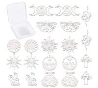 SUNNYCLUE 1 Boîte 20 Pcs 10 Styles Style Tarot Champignon Serpent Soleil Moth Scarabée Prisme Charmes Pendentifs Acier Inoxydable Estampage Étiquette Vierge Pendentifs Charmes pour DIY Boucles