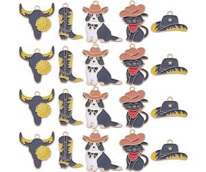 SUNNYCLUE 1 BOÎTE 20PCS Breloques de Cowboy en Émail Breloques Occidentales en Vrac Alliage de Métal Doré Mignon Cowboys Chat Chapeau Botte Taureau Cowgirl Charme en Vrac pour la Fabrication de Bijoux