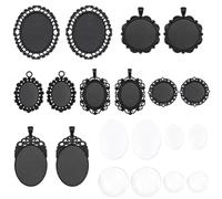 SUNNYCLUE 1 boîte 24 pièces 12 ensembles Pendentif Plateau Noir Ovale Photo Breloques Cabochons Dôme Base Réglage Lunette Cadre Camée Alliage Métallique Pendentif Plateaux pour la Fabrication de Bijou