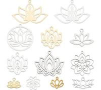 SUNNYCLUE 1 boîte 24 pièces Breloques de Lotus en Acier Inoxydable Fleur de Lotus Breloque Chakra Énergie Yoga Menuisiers en Filigrane Découpé au Laser Plat Rond Creux Double Face Breloques en Métal p