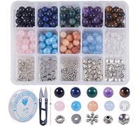 SUNNYCLUE 1 boîte 300pcs Kit de Fabrication de Bracelets Perles en Pierre Naturelle Comprenant Perles Rondes en Vrac et D'Espacement Alliage Métallique et Élastique Ciseaux