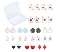SUNNYCLUE 1 Boîte 30Pcs 15 Styles Pendentifs Alice Plaqué Or Lapin Lapin Réveil Carte de Poker Bande Dessinée Contes de Fées Émail Alliage Charmes pour Pâques Fabrication de Bijoux Artisanat