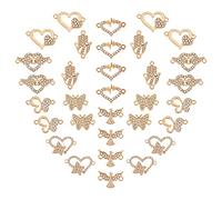 SUNNYCLUE 1 Boîte 32Pcs 8 Styles Alliage Strass Liens Connecteurs Papillon Coeur Charmes Oiseau Jambons A Pendentifs Résultats de Bijoux avec Double Boucle pour DIY Collier Bracelet Fabrication