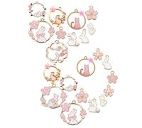 SUNNYCLUE 1 Boîte 48 Pcs 12 Styles Rose Fleur Charmes Émail Chat Lapin Animal Floral Creux Plat Rond Alliage Pendentifs en Vrac Plaqué Or pour la Fabrication de Bijoux Charmes DIY Bracelets Boucles