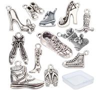 SUNNYCLUE 1 boîte 48 pièces 12 Styles Style Tibétain Talon Haut Chaussure Breloque Talons Aiguilles Pendentif Pantoufle Botte Ballet Baskets Chaussures Breloques pour la Fabrication de Bijoux