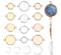 SUNNYCLUE 1 boîte 48 pièces Kit de Paramètres de Cabochon en Acier Inoxydable 4 Tailles Connecteurs de Plateau de Lunette avec Connecteur à Double Boucle Plat Rond et 4 Tailles de Cabochons en Verre