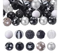 SUNNYCLUE 1 Boîte 50Pcs 10 Styles Black Halloween Beads Set Bubblegum Beads Bulk Acrylic Bead 20mm Large White Clear Plastic Holiday Round Loose Spacer Bead for jewellery Making Beads Necklace DIY Cra