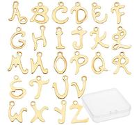 SUNNYCLUE 1 Boîte 52Pcs 26 Alphabet Lettre Charmes en Acier Inoxydable AZ Métal ABC Pendentifs Mini Initiales Perles en Vrac avec Trou pour la Fabrication de Bijoux Personnalisés DIY Collier