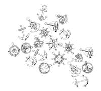 SUNNYCLUE 1 Boîte 56Pcs 14 Styles Navigator Charms Collection Ancre et Roue Charmes Boussole Voilier Bouée de Sauvetage Alliage Métallique Charmes Pendentifs pour Bricolage Bijoux Faire Collier