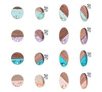 SUNNYCLUE 1 boîte 8 Paires 2 Styles de Boucles d'oreilles en Bois Résine Plate Ronde Ovale en Bois de Noyer Boucles d'oreilles avec Écrous en Laiton pour Femmes Adultes Bijoux Ensemble de Boucles