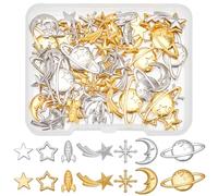 SUNNYCLUE 1 boîte 84 pièces 14 styles de Breloques de Remplissage en Résine Cosmos Charms en Vrac en Alliage de Métal Doré Argent Étoile Lune Planète Cabochons Creux Remplissages pour Art Décoration d