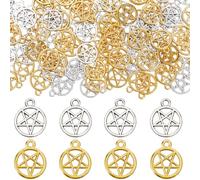 SUNNYCLUE 1 boîte de 100 petites Breloques Pentagramme en Argent, Breloques Pentacle en Vrac, Or Magique, Étoiles à Cinq Branches, Alliage Tibétain, Breloque Étoile Creuse pour la Fabrication de Bijou