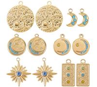 SUNNYCLUE 1 boîte de 12 breloques Étoiles Plaquées Or 6 carats 18 styles Strass Lune Étoile Planète Rectangle Pendentifs en Acier Inoxydable pour la Fabrication de Bijoux Colliers et Boucles D'Oreille