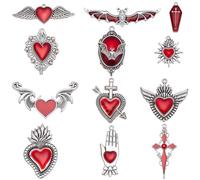 SUNNYCLUE 1 boîte de 12 breloques Gothiques en Forme de Cœur Sacré Pendentifs Cœur D'Halloween en Alliage Émaillé Argent Antique Chauve Souris Croix Ailes Rouges pour la Création de Bijoux (Boucles D'