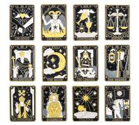 SUNNYCLUE 1 boîte de 12 broches en Émail Représentant une Carte de Tarot 12 styles en Alliage de Zinc Noir et Or Motif Divination Lune Étoile Soleil pour Sacs à Dos Vêtements Accessoires de Décoration