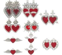 SUNNYCLUE 1 boîte de 16 breloques en Forme D'Aile de Cœur en Argent et Rouge 8 styles en Émail en Vrac en Alliage Antique Gothique Vintage Mexicain Milagro Pendentifs de Saint Valentin pour la Fabrica