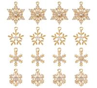 SUNNYCLUE 1 boîte de 16 breloques Flocon de Neige en Laiton Plaqué Or 4 carats 18 styles Breloques de Boucles D'Oreilles de Noël en Oxyde de Zirconium Transparent Pendentifs de Noël pour la Fabricatio
