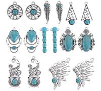 SUNNYCLUE 1 BOÎTE de 16 pièces 8 styles de Breloques Turquoise Synthétiques en Vrac Style Tibétain Bohème Alliage de Pierre Porte Bonheur en Argent Grandes Breloques Vintage pour la Fabrication de Bij