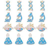 SUNNYCLUE 1 boîte de 16 pièces de 4 styles de Breloques Scientifiques en Vrac en Alliage de Métal Bleu Émaillé Plaqué Dessin Animé Scientifique École Laboratoire Tube Tasse Breloque pour la Fabricatio